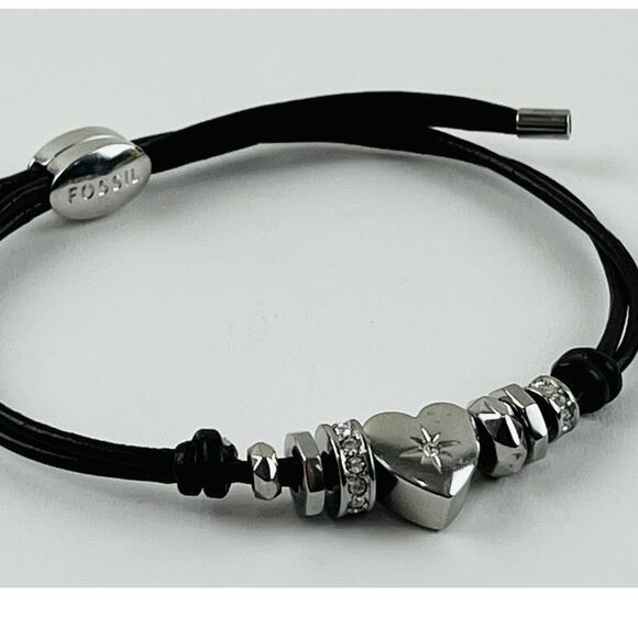 Fossil Boho Heart Silver Beads Brown Pull Cord Bracelet Adjustable Rhinestones - Picture 4 of 12